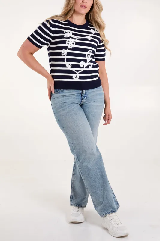 Navy Embroidered Stripe Top - Blue Vanilla