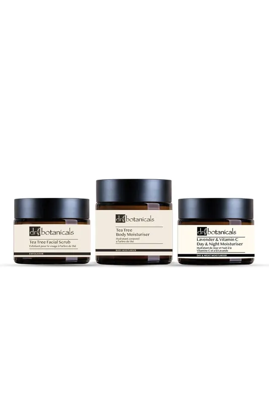 Tea Tree Anti-Ageing Facial Scrub Lavender & Vitamin C Anti-Ageing Day & Night Moisturiser Tea Tree Anti-Ageing Body Moisturiser