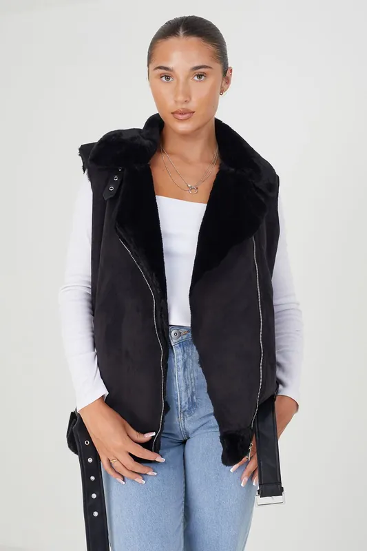 Faux Suede Aviator Gilet With Faux Fur Lining - Brave Soul