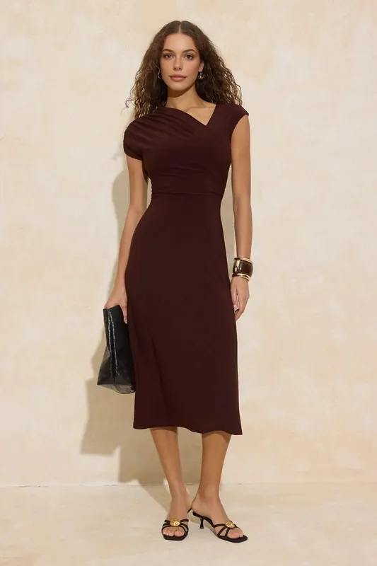 Ruched Asymmetric Neck Cap Sleeve Stretch Midi Dress - WOVCOR