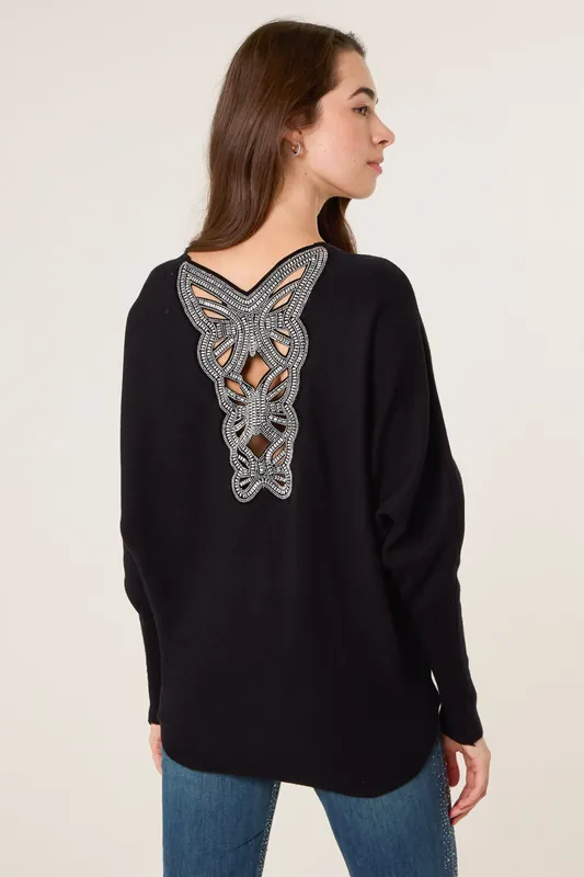 Black Batwing Jumper With Back Diamante Detailing - Blue Vanilla