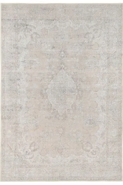 Neutral Beige Distressed Traditional Medallion Non Slip Washable Low Pile Rug - Kukoon