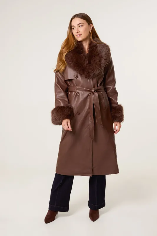 Brown Faux Fur Cuff & Collar Coat - Blue Vanilla