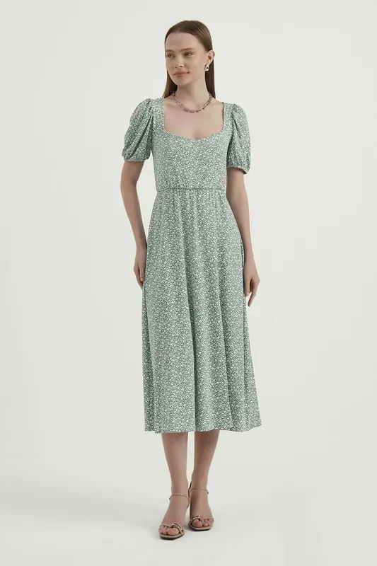 Floral Scoop Neck Balloon Sleeves Midi Dress - Hiccup