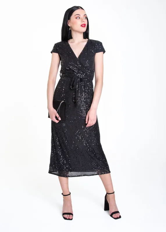Black Sequin Belted Midi Wrap Dress - Gini London