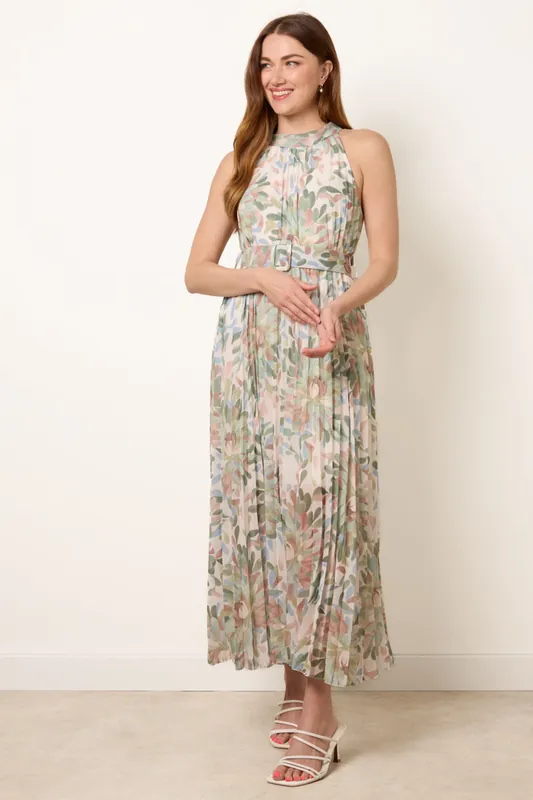 Green Printed Pleated Dress With Belt - Blue Vanilla