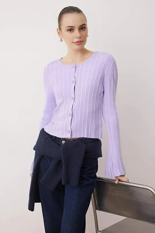 Flared Sleeve Ribbed Knit Button Through Cardigan - WOVCOR