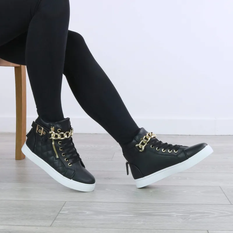 Flat Heel Lace Up Gold Chain Trainers - AJVANI