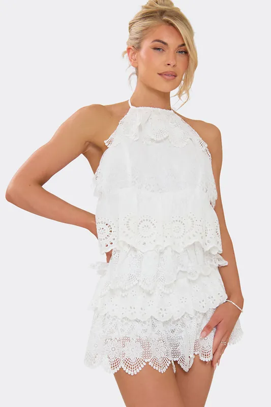 Sleeveless Tie Halter Neck Tiered Floral Textured Playsuit - EGO