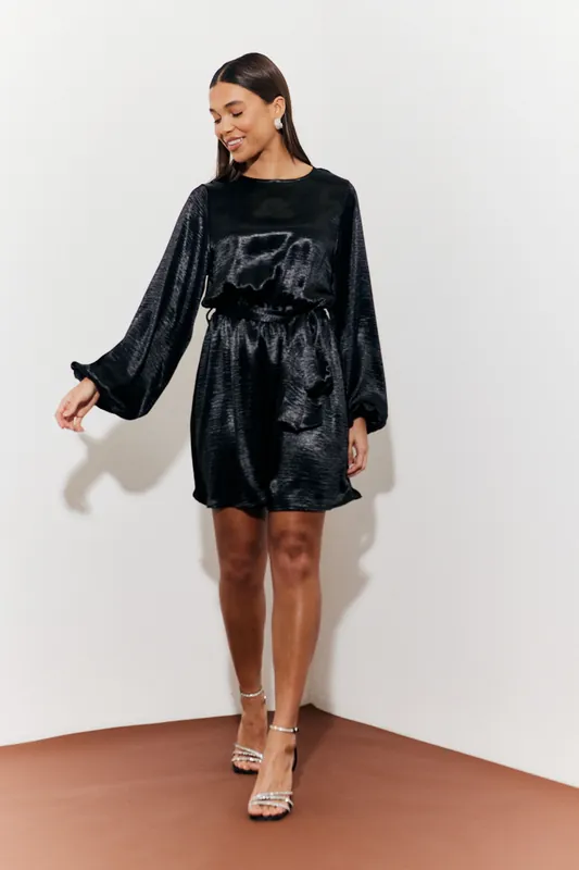 Black Satin Balloon Sleeve Belted Mini Dress - In The Style