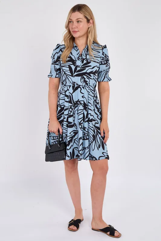 Powder Blue Leaf Print Mini Dress - Love Sunshine