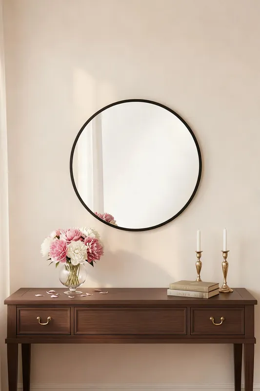 Modern Round Wall Mirror with Metal Frame Minimalist Decorative Mirror for Living Room, Bedroom - Living and Home