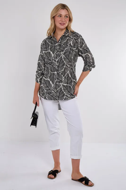 Black Leaf Print Oversized Shirt - Love Sunshine