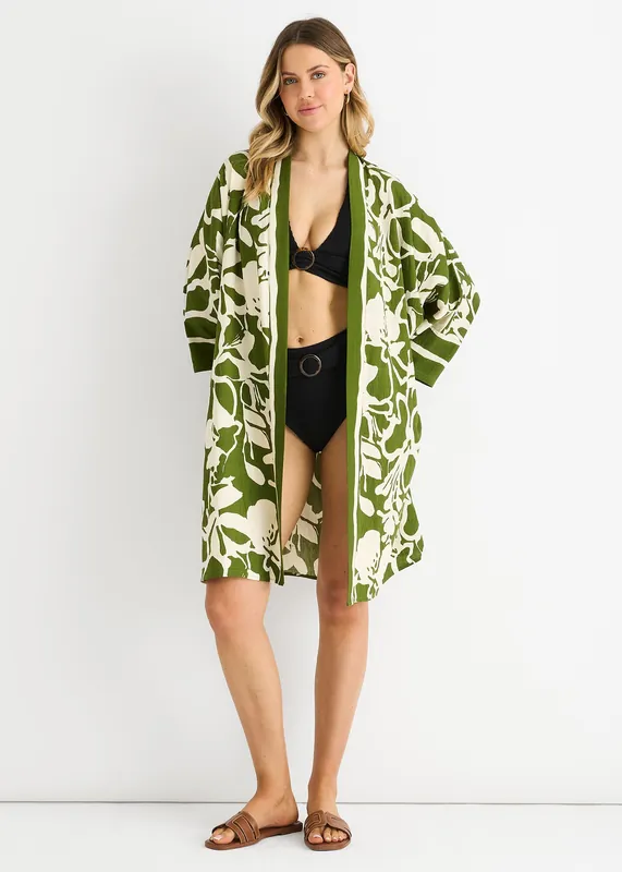 Green Summer Border Printed Beach Kimono - Gini London