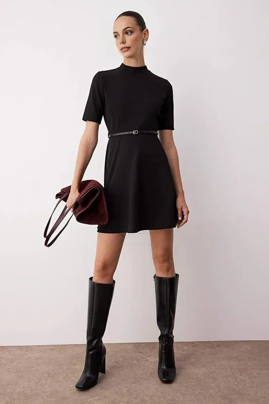 High Neck Skater Mini Knit Dress with Short Sleeves - WOVCOR