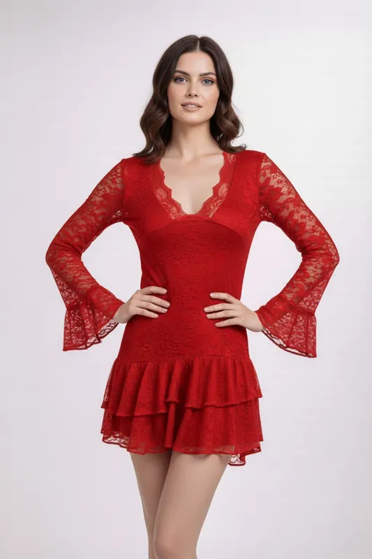 Lace Frill Bell Sleeve V-Neck Bodycon Mini Dress
