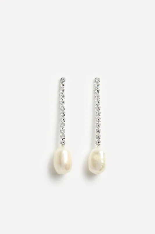 Moonlit Silver Crystal Drop Irregular Pearl Earrings - Linzi