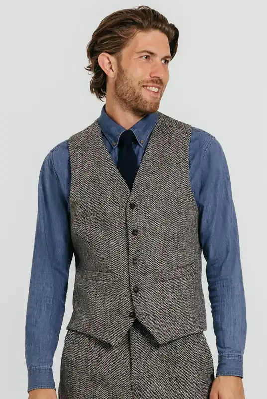Grey Herringbone Harris Tweed Waistcoat - Dobell