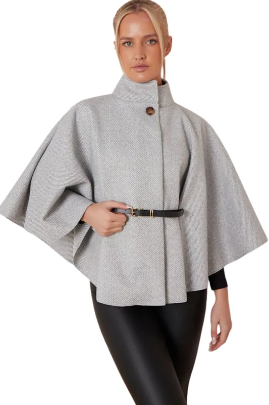 Belted High Neck Cape Coat - Femme Luxe