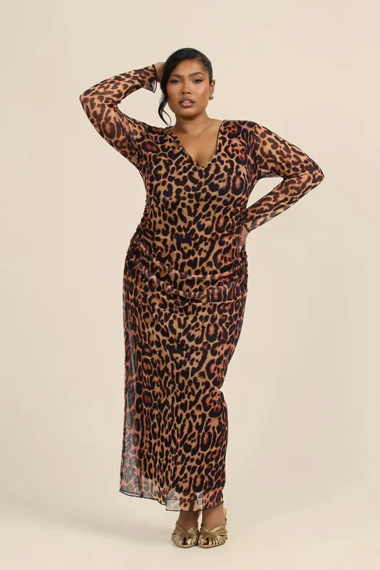Curve Plunge Neck Leopard Print Ruched Mesh Midaxi Dress - FASHION-SZN
