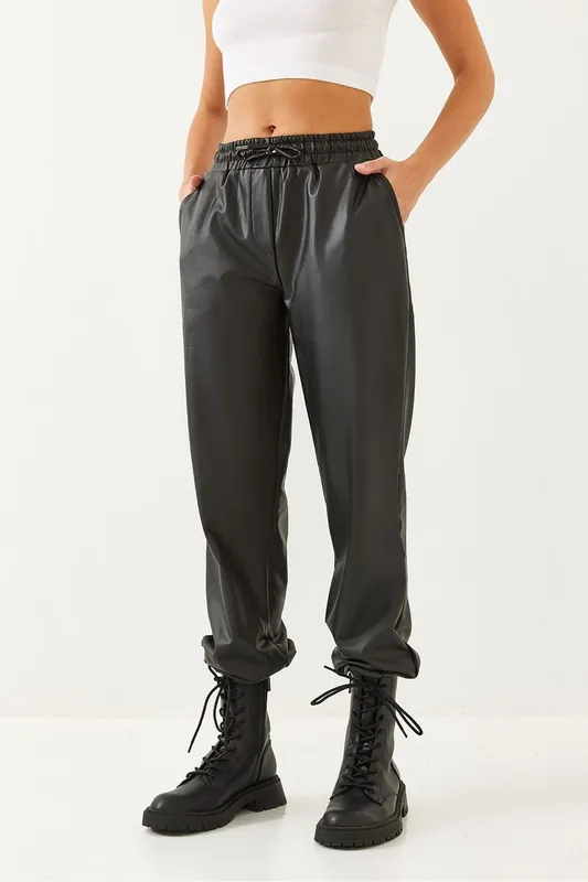 Faux Leather Jogger Pants with Cuffed Legs - Bianco Lucci