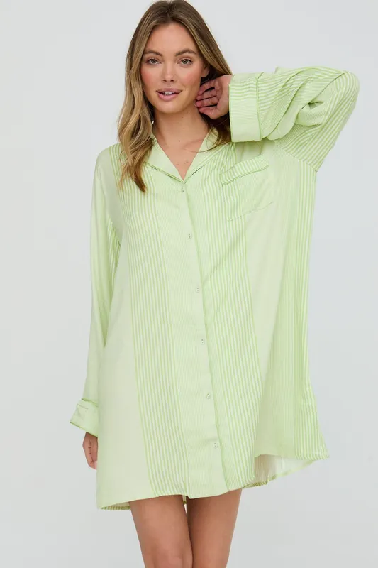 Simone Long Sleeve Mini Stripe Print Nightshirt In Green - Lily and Lionel