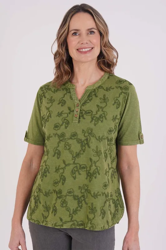 Embroidered Notch Neckline Top - Tigi