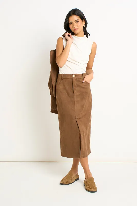 Brown Suede Pencil Skirt - Gini London