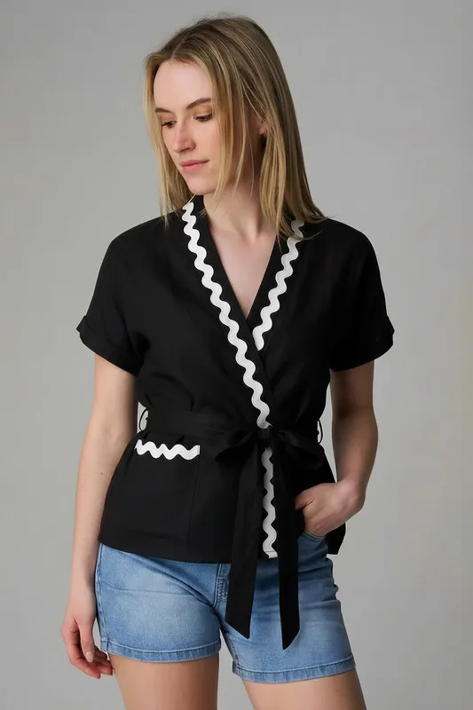 Cotton Linen Zig Zag Trim Wrap Top - Wednesday's Girl