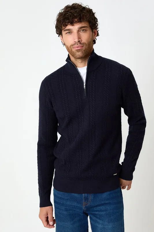 Cable Knit Quarter Zip Jumper - Threadbare