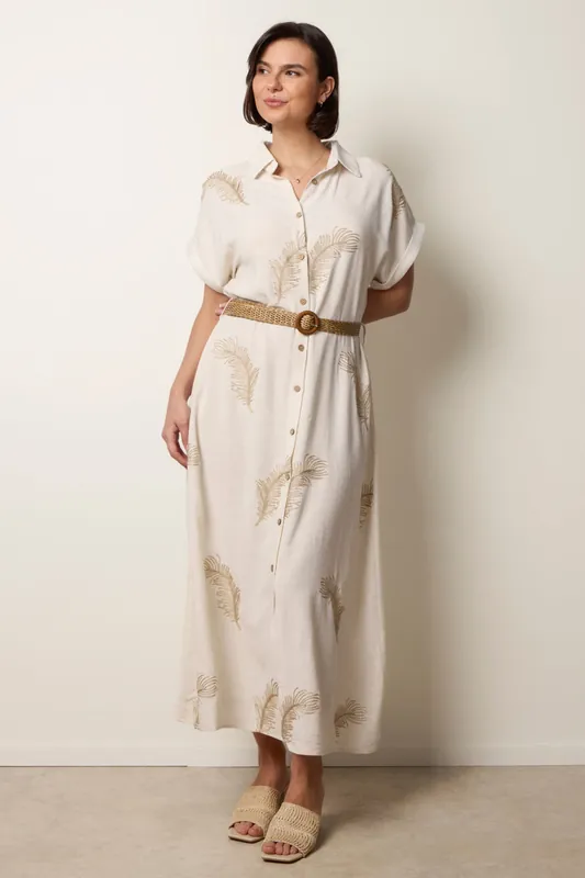 Off White Linen Belted Dress With Feather Embroidery - Blue Vanilla