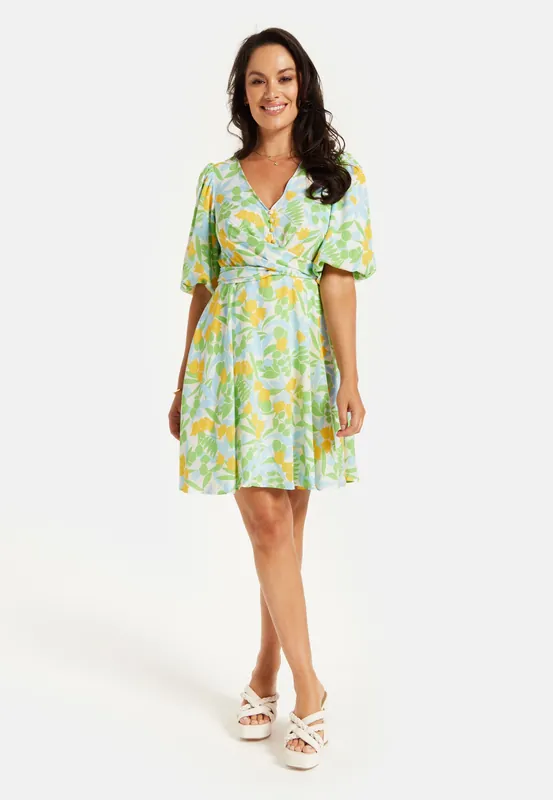 Yellow Floral Summer Dress with Tie Waist - Liquorish