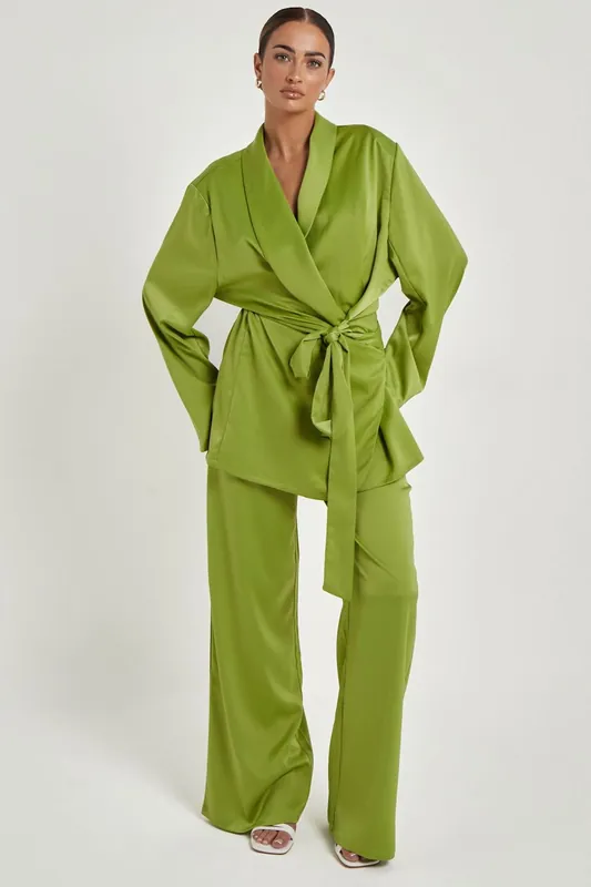 Green Satin Wrap Blazer - Urban Bliss