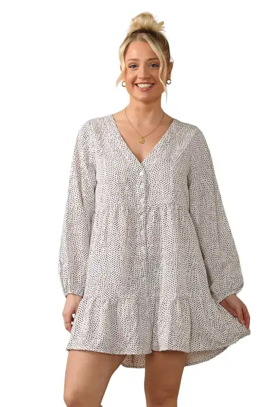 Chic V Neck Polka Dot Smock Mini Dress with Long Sleeves - ELAINA FASHION