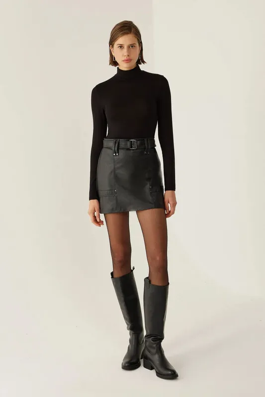 Belted Faux Leather Mini Skirt - Hiccup