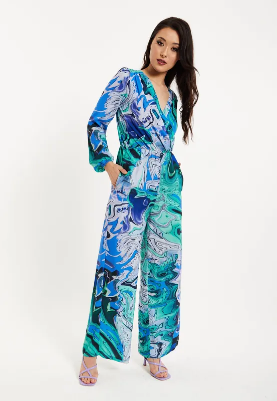Turquoise Marble Print Jumpsuit - Liquorish