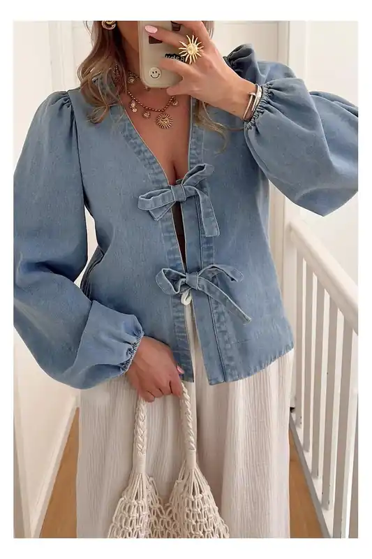 Dusk Blue Tied Front Long Puff Sleeve Denim Top - Everyday The Label
