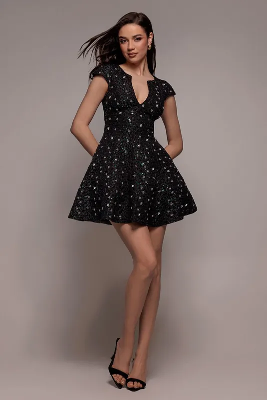 Bead Embellished Jacquard Skater Mini Dress - Goddiva