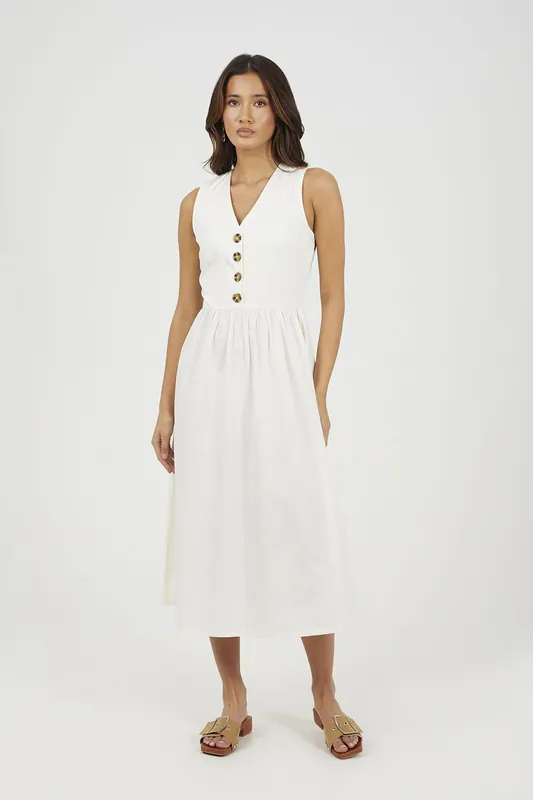 Sleeveless V-Neck Button Down Midi Dress