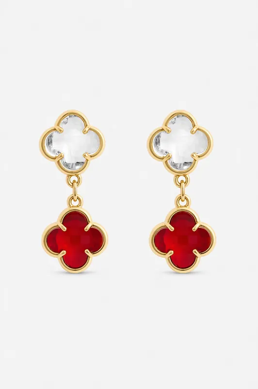 Gold Plated Ruby and Crystal Clover Drop Earrings - Jon Richard