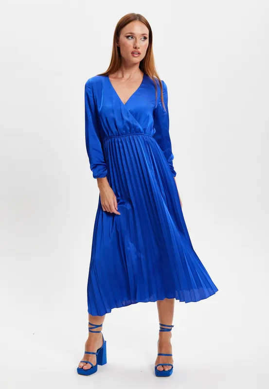 Royal Blue Midi Dress With Pleat Details - Liquorish