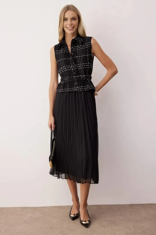 Tweed Belted Pleated Midi Woven Dress - WOVCOR