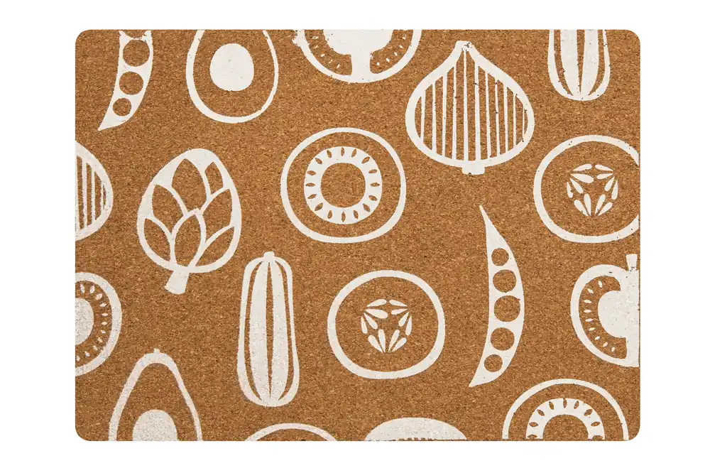 Set of Four Cork Rectangular Placemats, Durable Heat-Resistant Table Mats with White Vegetable Outline Design