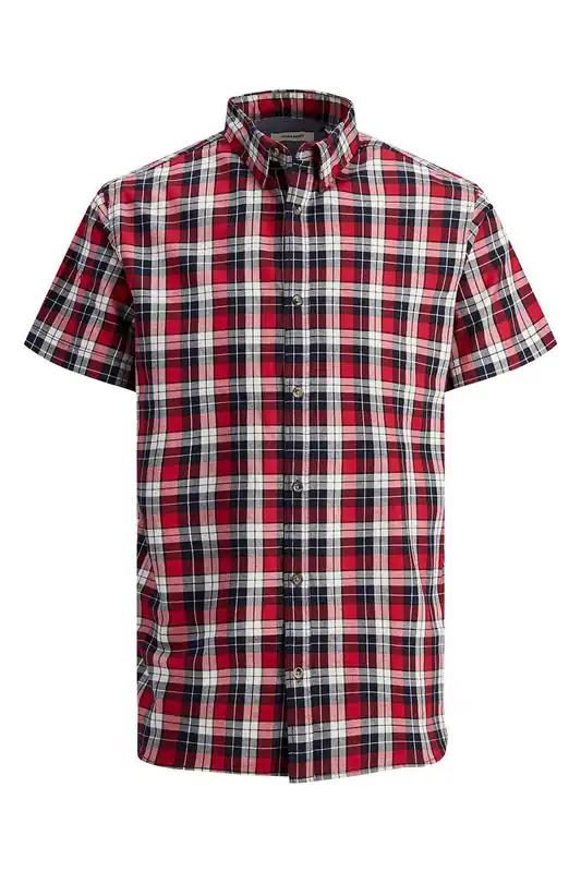 Mens Red Checked Shirt Cotton Short Sleeve Casual Size S - Jack & Jones