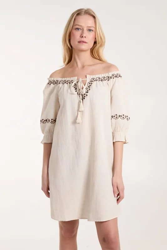 Sleeve Embroidered Tunic Dress - Blue Vanilla