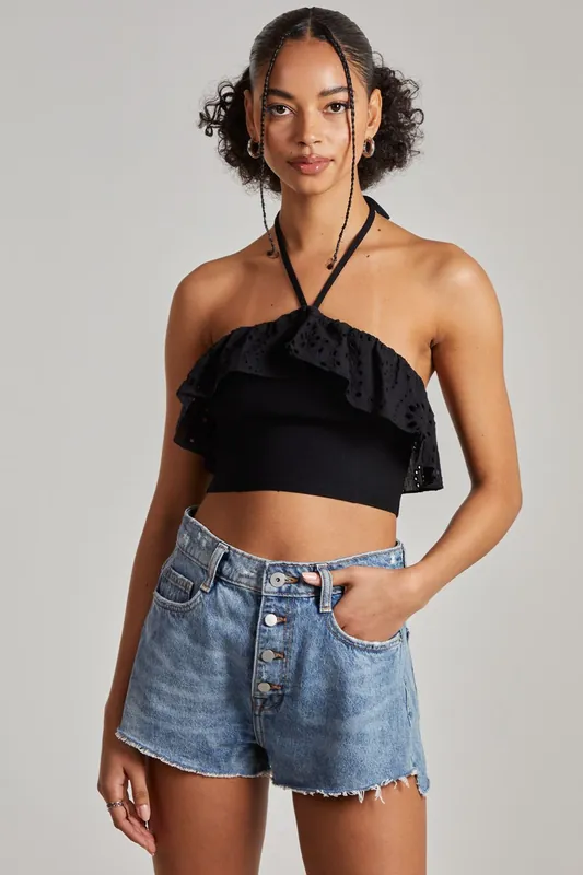 Halter Neck Broderie Frill Hem Crop Top - Pink Vanilla
