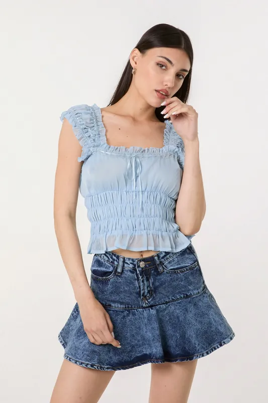 Blue Ribbon Trim Milkmaid Top - Pink Vanilla
