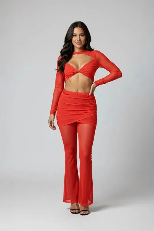 Cut Out Knot Front Mesh and Flared Trouser Co-Ord Set