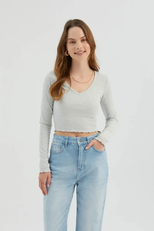 V Neck Long Sleeve Basic Crop Top - Hiccup