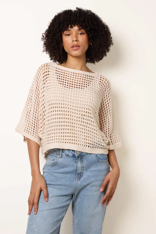 Stone Round Neck Net Top - Blue Vanilla